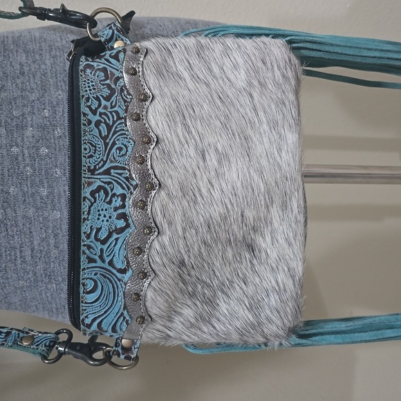 MYRA Cowhide Blue Leather Fringe Southwest Bag Crossbody Purse Concho Western - Picture 2 of 8